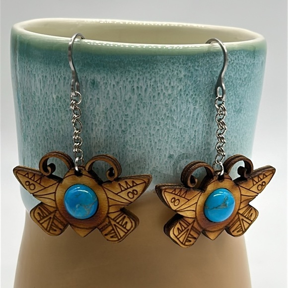 Handmade Wood Carving & Pyrography Butterfly Earrings with Bead NWT - Picture 2 of 6